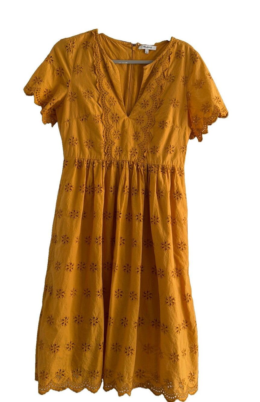 Madewell Scalloped Eyelet Mustard Midi Dress Sz 8